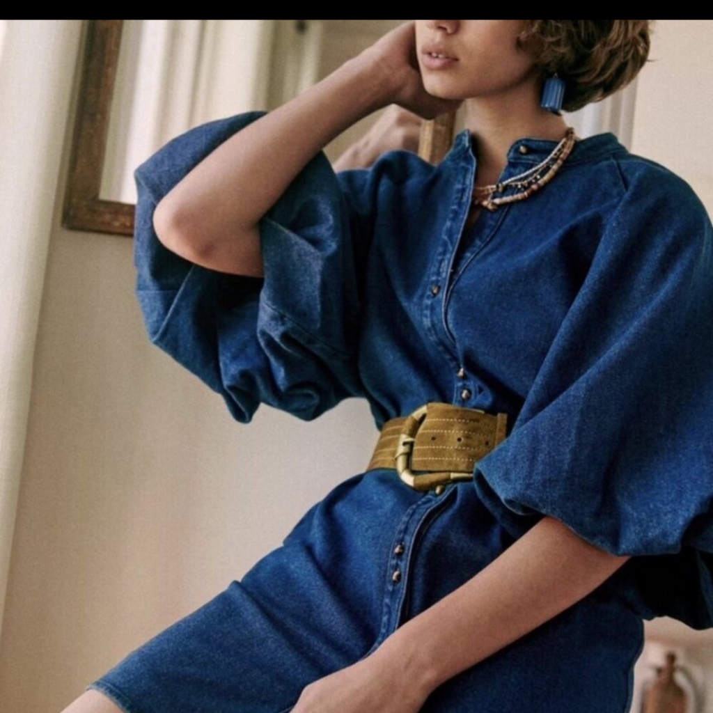 Sezane Lila Balloon Sleeve Belted Denim Blue Dress